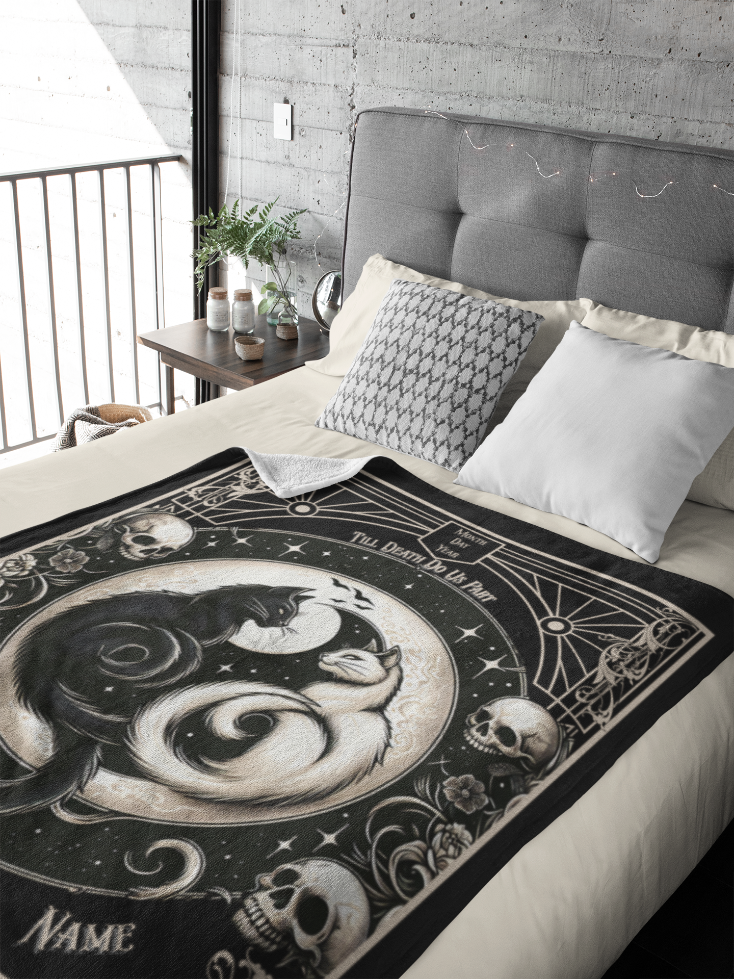 Personalized Gothic Yin Yang Cats Till Death Do Us Part Throw Blanket — Custom Name Gift