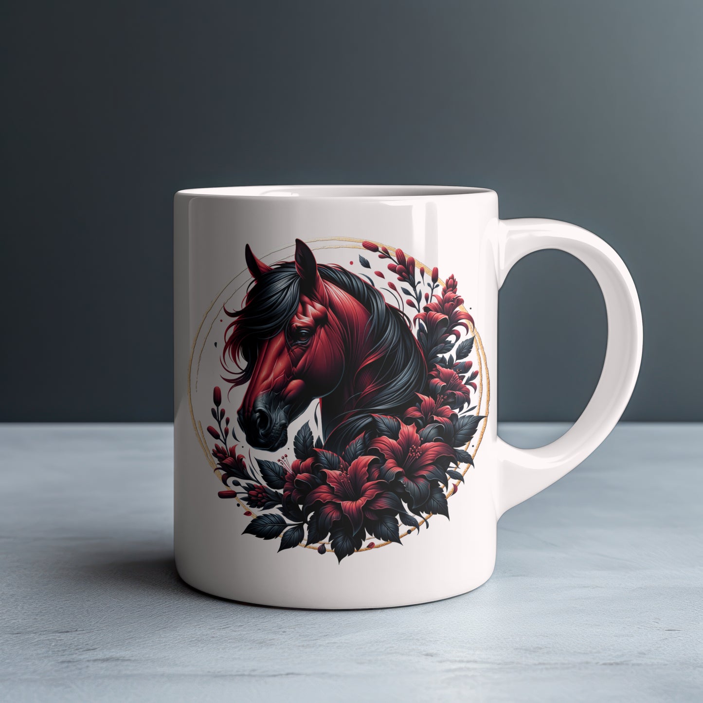 Dark Red Bay Horse with Dark Lilies Personalized White Glossy Mug