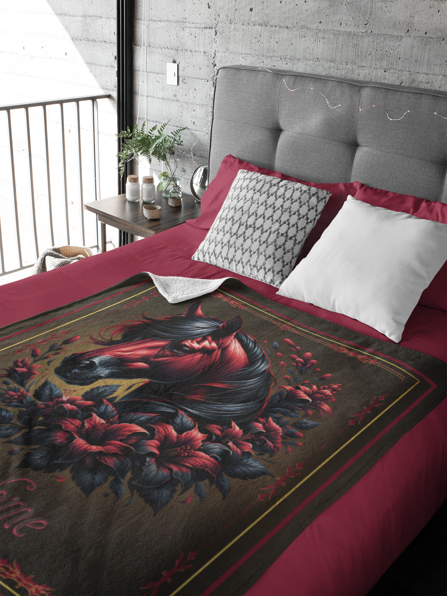Personalized Dark Bay Horse Red and Black Lilies Throw Blanket - 50"x60" Custom Name Blanket