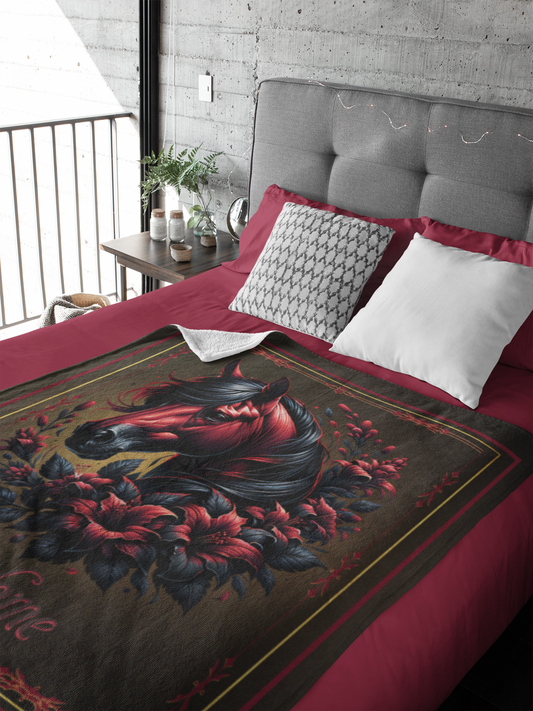 Personalized Dark Bay Horse Red and Black Lilies Throw Blanket - 50"x60" Custom Name Blanket