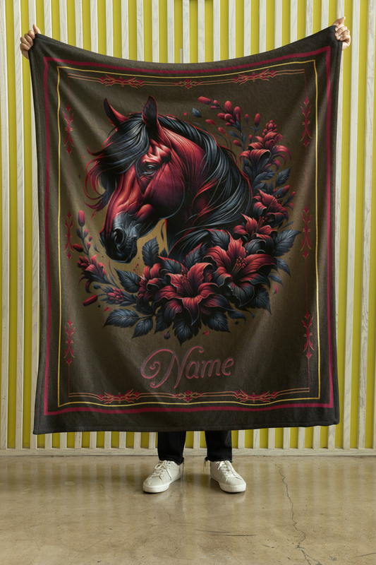 Personalized Dark Bay Horse Red and Black Lilies Throw Blanket - 50"x60" Custom Name Blanket