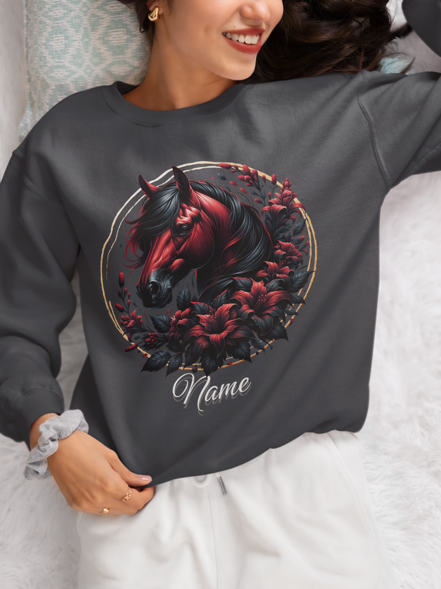Dark Red Bay Horse with Dark Lilies Personalized Sweatshirt