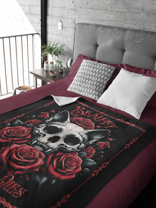 Gothic Cat Skull Beauty Never Dies Throw Blanket
