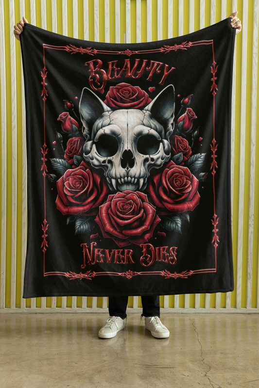 Gothic Cat Skull Beauty Never Dies Throw Blanket