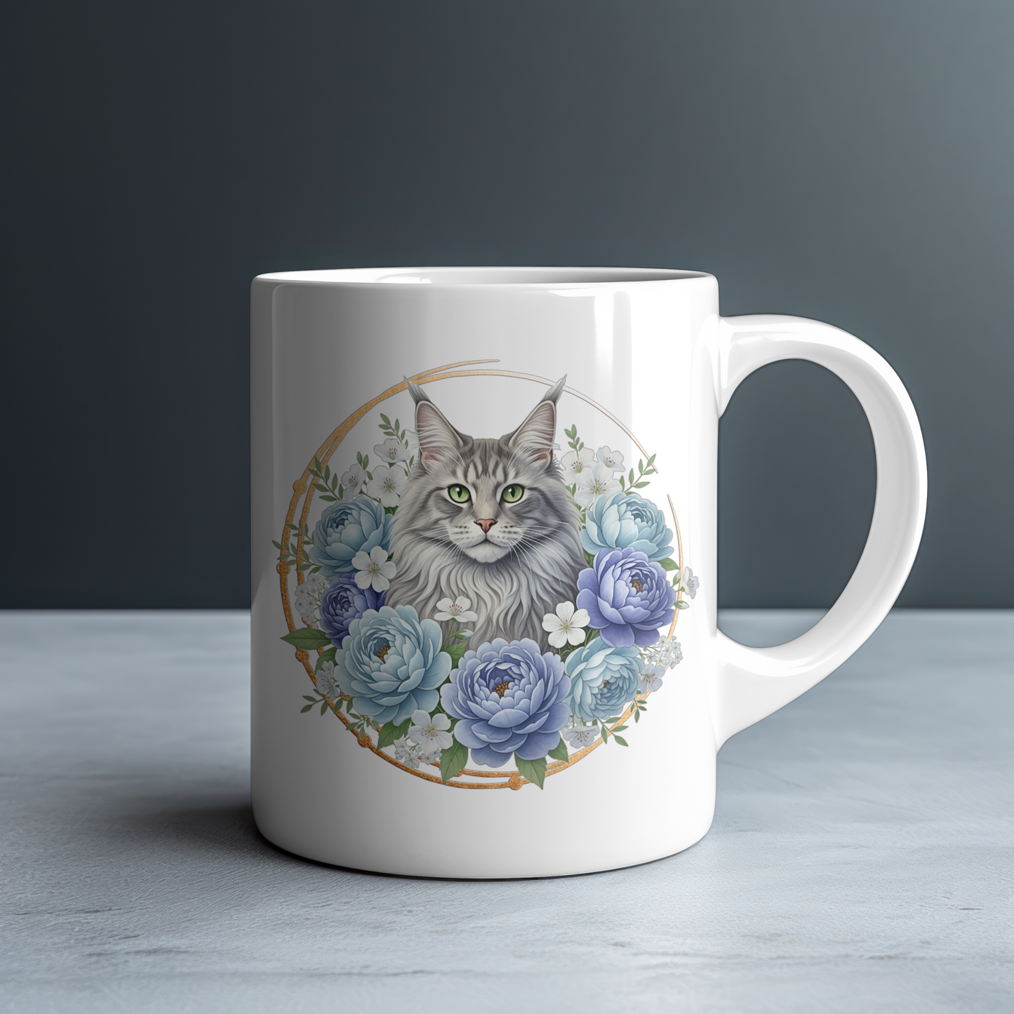 Personalized Grey Maine Coon with Blue and Lavender Peonies Mug — Custom Name Gift