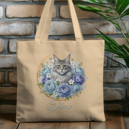 Personalized Grey Maine Coon with Blue Peonies Eco Tote Bag