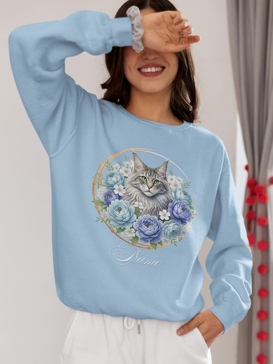 Personalized Grey Maine Coon with Blue and Lavender Peonies Sweatshirt — Custom Name Gift