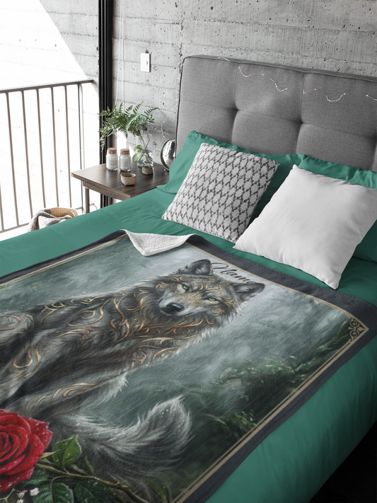 Personalized Fantasy Grey Wolf Spring Forest Throw Blanket