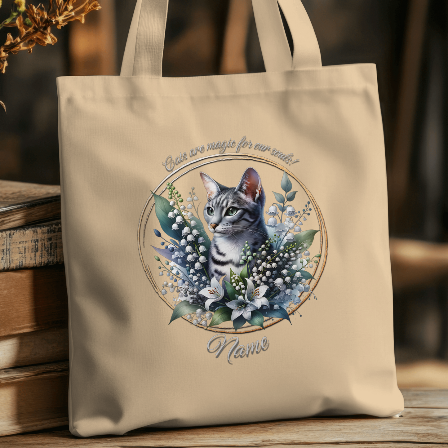 Personalized Grey and White Striped Tabby Cat Eco Tote Bag