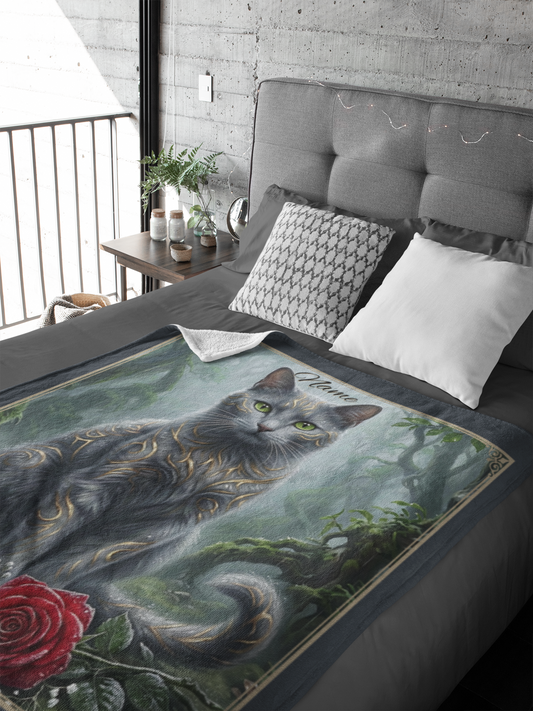 Personalized Fantasy Grey Cat with Gold Markings in Spring Forest Throw Blanket — Custom Name Gift