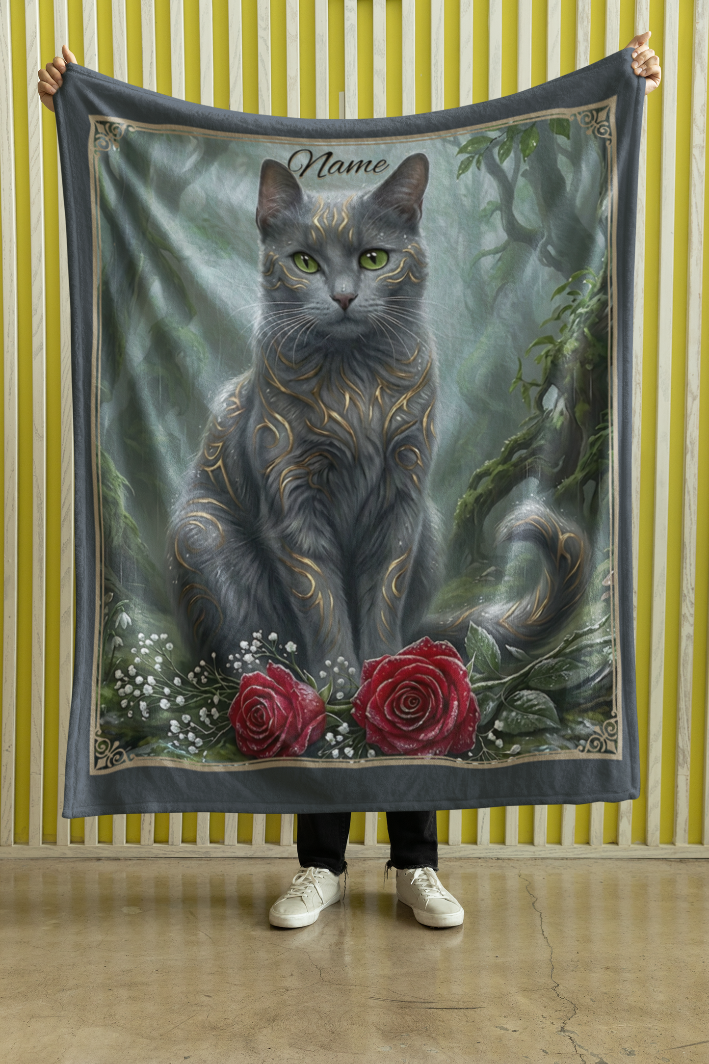 Personalized Fantasy Grey Cat with Gold Markings in Spring Forest Throw Blanket — Custom Name Gift