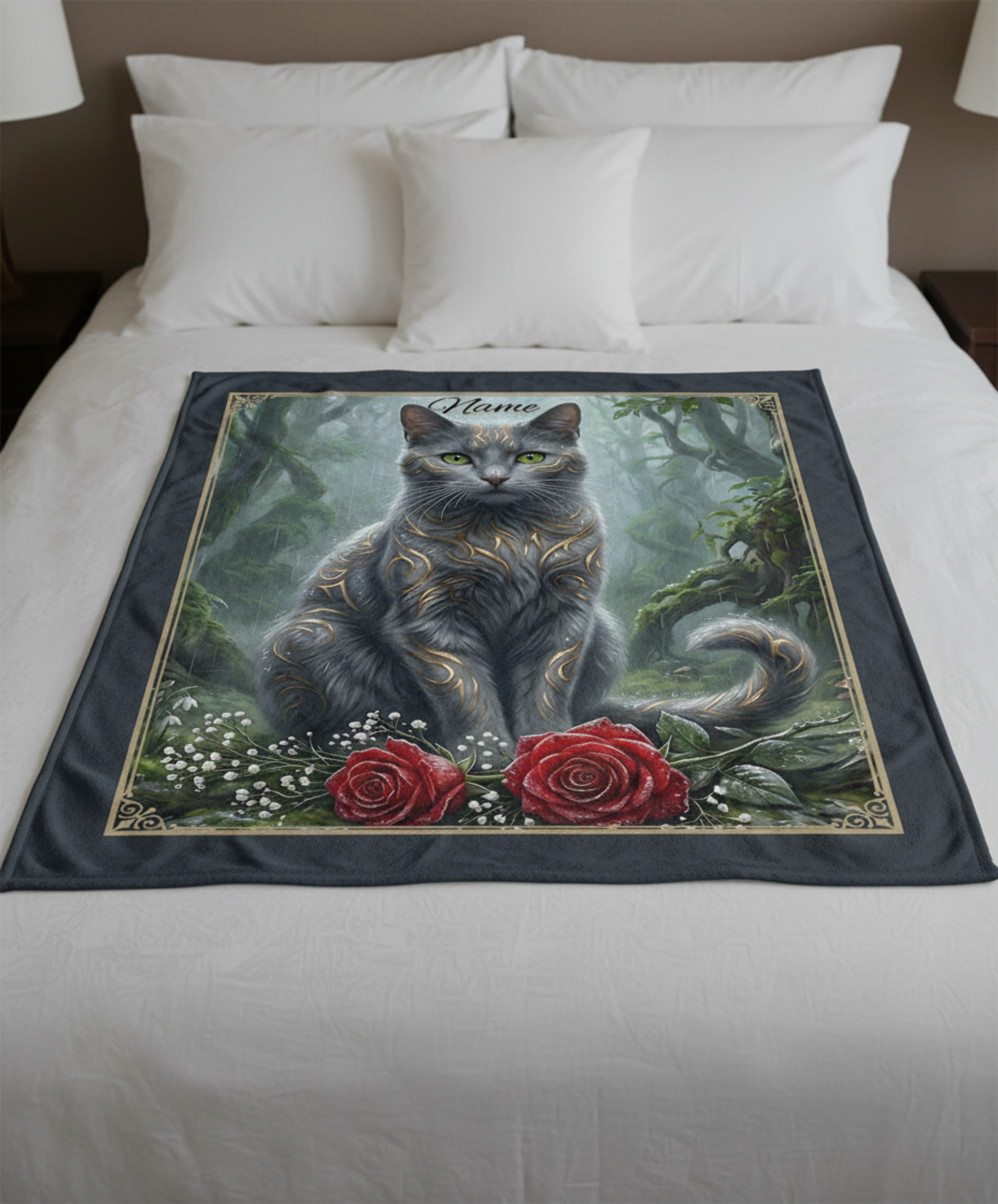 Personalized Fantasy Grey Cat with Gold Markings in Spring Forest Throw Blanket — Custom Name Gift