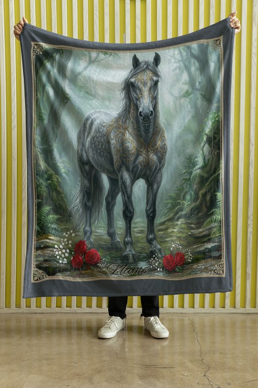Personalized Fantasy Grey Horse Spring Forest Throw Blanket