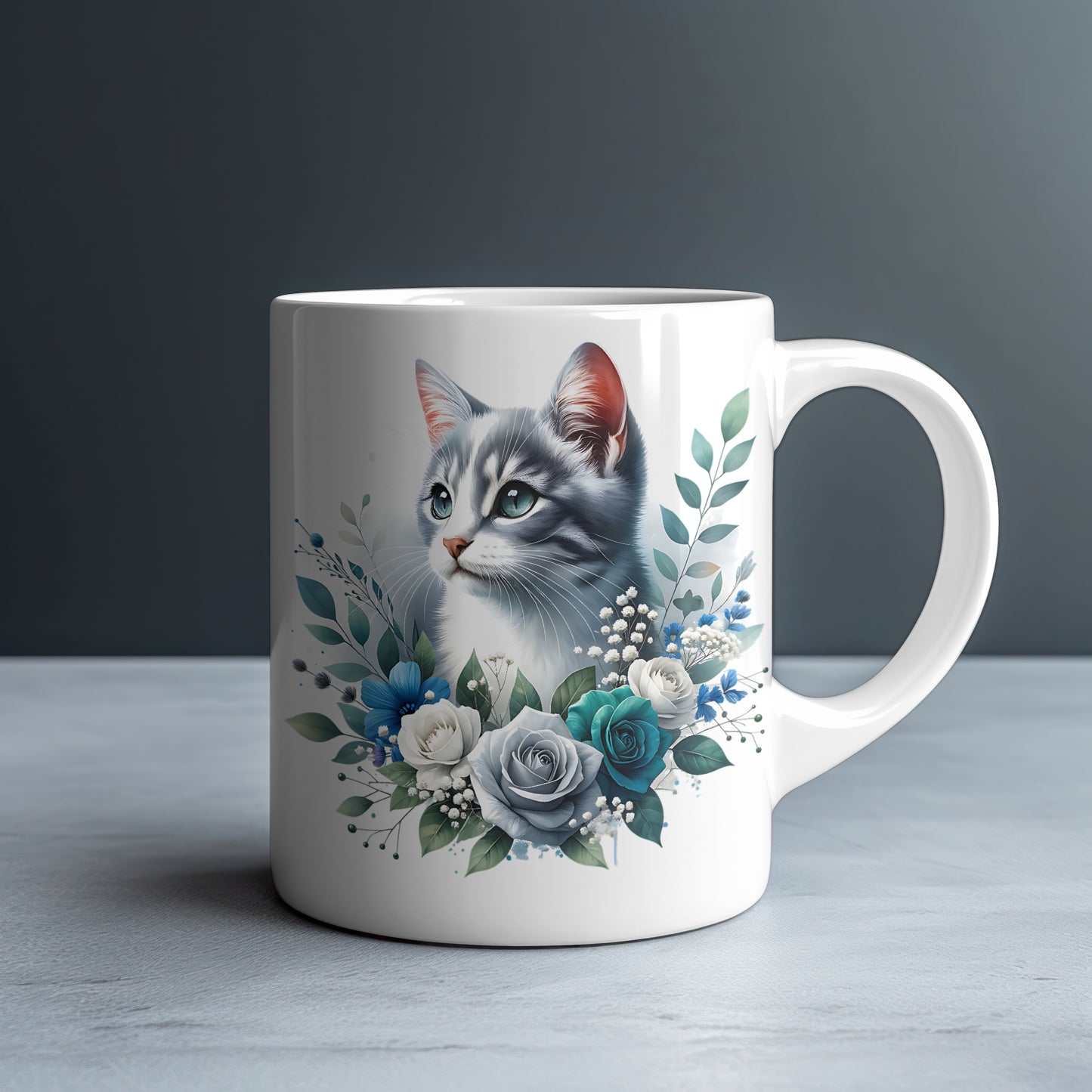 Personalized Grey Tabby Kitten with Blue and Teal Roses Mug — Custom Name Gift