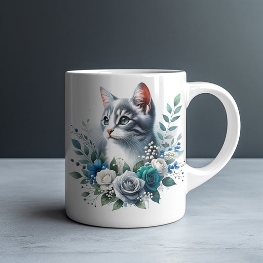Personalized Grey Tabby Kitten with Blue and Teal Roses Mug — Custom Name Gift