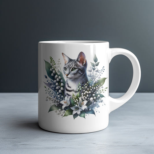 Personalized Silver Tabby Cat with Lily of the Valley and White Lilies Mug — Custom Name Gift
