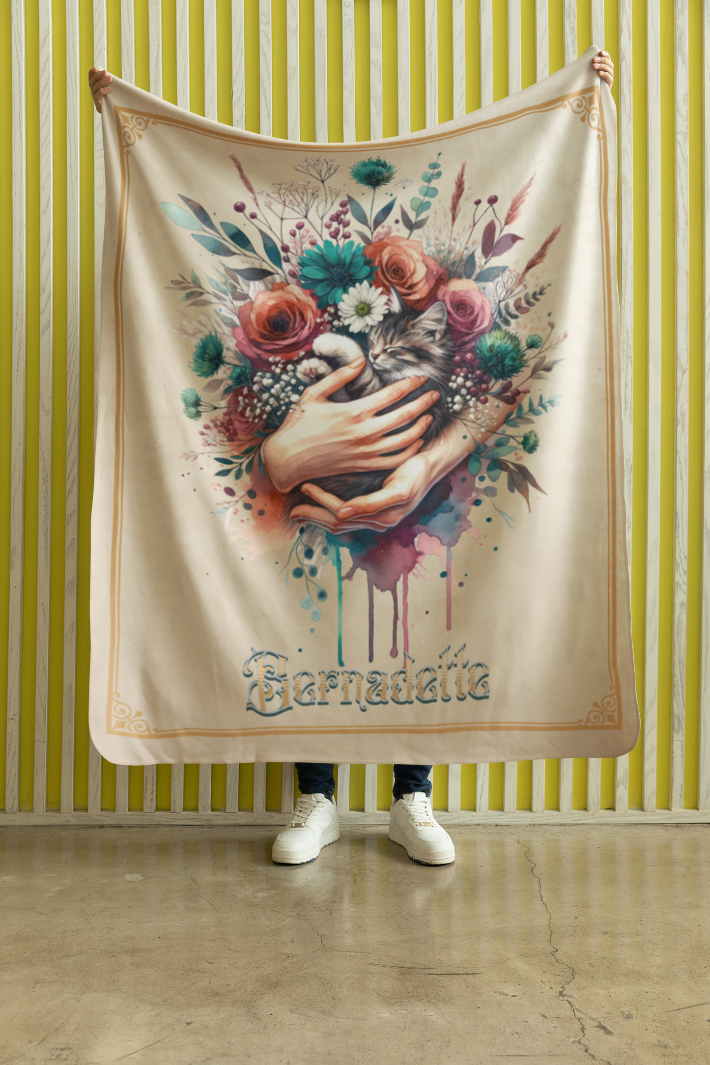 Personalized Kitten Held in Loving Hands with Roses and Wildflowers Throw Blanket — Custom Name Gift