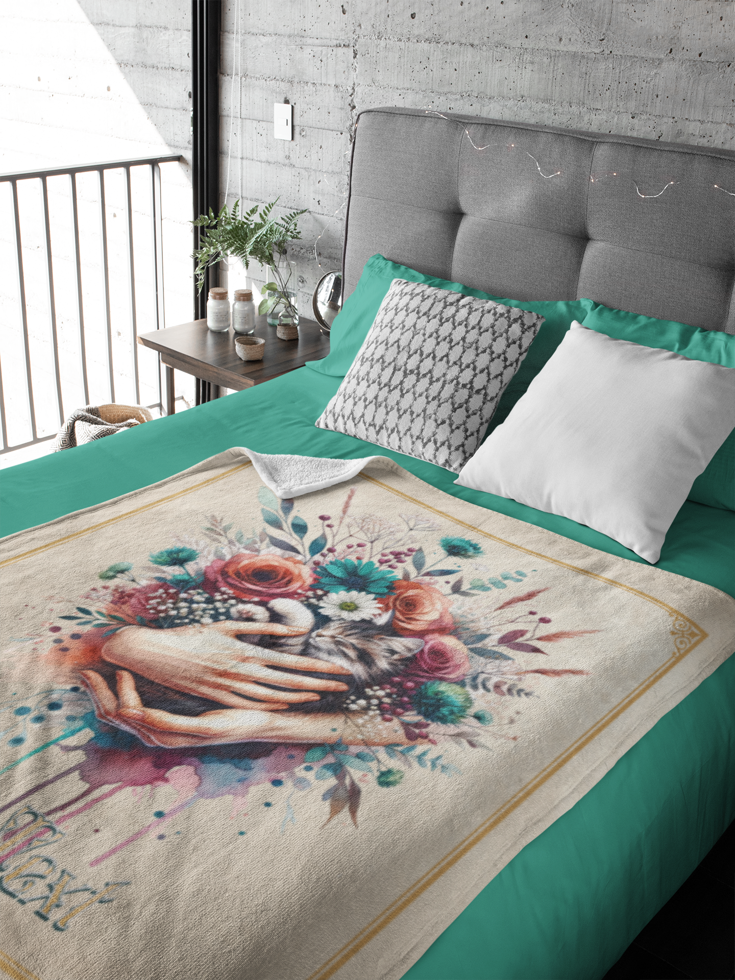 Personalized Kitten Held in Loving Hands with Roses and Wildflowers Throw Blanket — Custom Name Gift