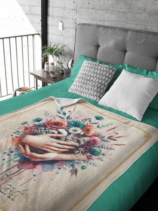 Personalized Kitten Held in Loving Hands with Roses and Wildflowers Throw Blanket — Custom Name Gift