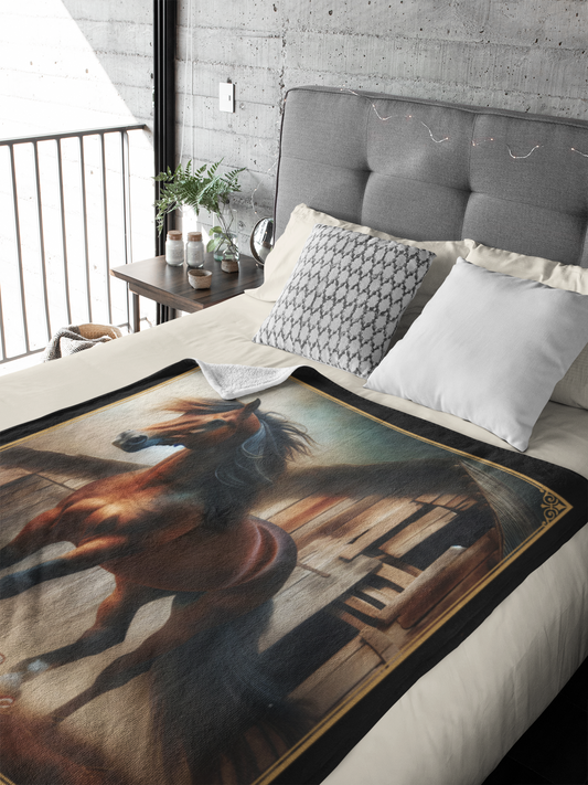 Personalized Red Bay Horse by the Barn Throw Blanket - 50"x60" Custom Name Blanket