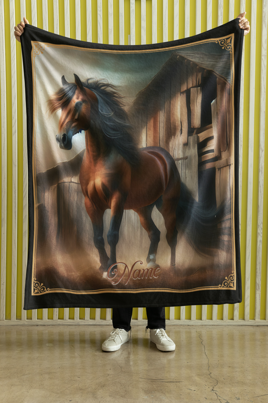 Personalized Red Bay Horse by the Barn Throw Blanket - 50"x60" Custom Name Blanket