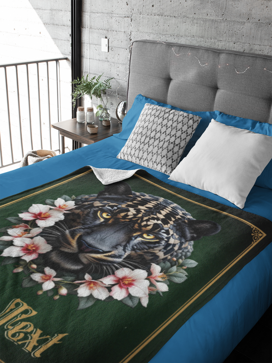Personalized Dark Fantasy Jaguar with Pink Tropical Flowers Throw Blanket — Custom Name Gift