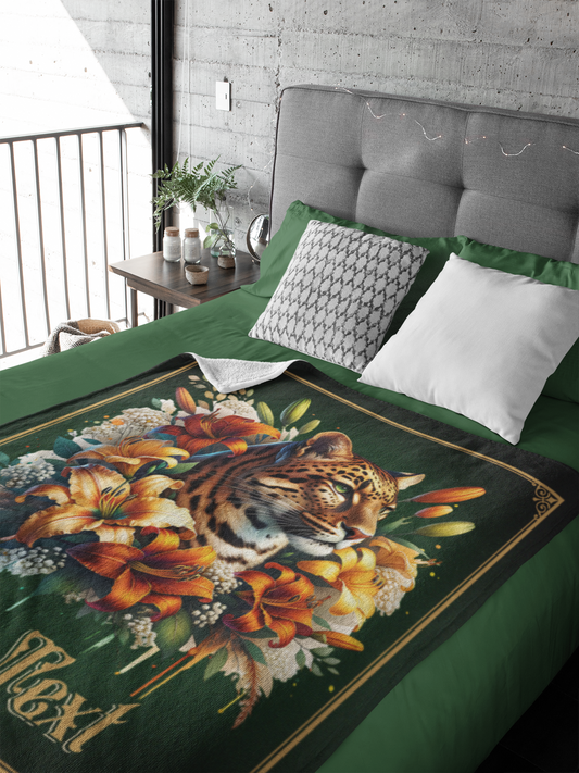Personalized Leopard with Tiger Lilies and Wildflowers Throw Blanket — Custom Name Gift