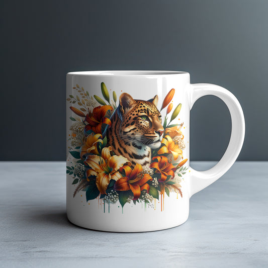Personalized Leopard with Orange Tiger Lilies and Daylilies Mug — Custom Name Gift