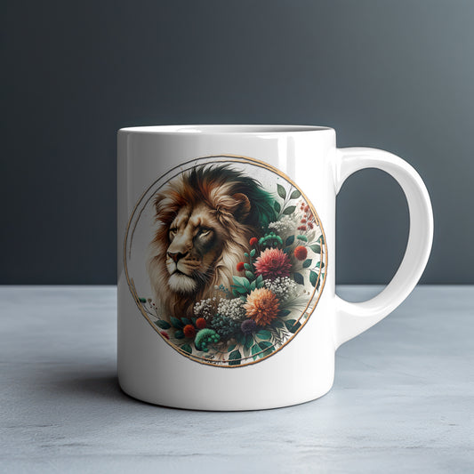 Personalized Lion with Coral Chrysanthemums Mug — Custom Name Gift