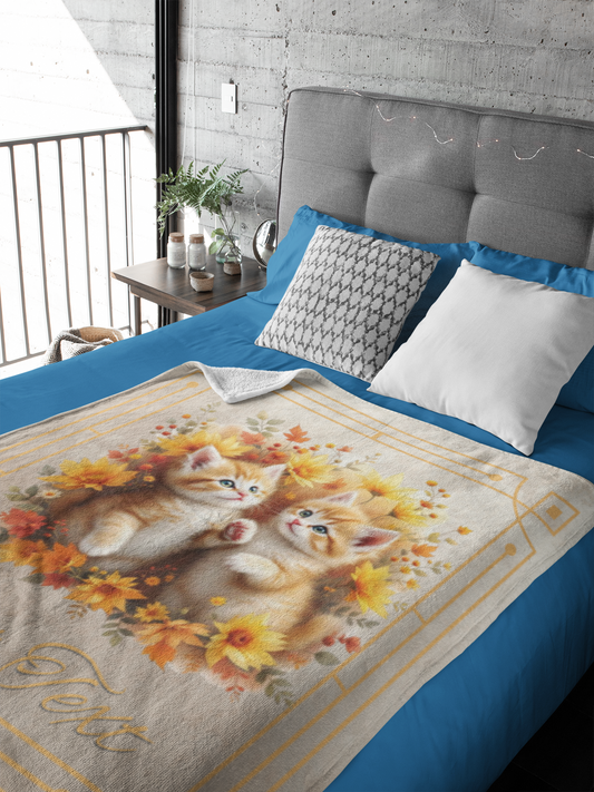 Personalized Ginger Kittens Playing in Autumn Flowers Throw Blanket — Custom Name Gift