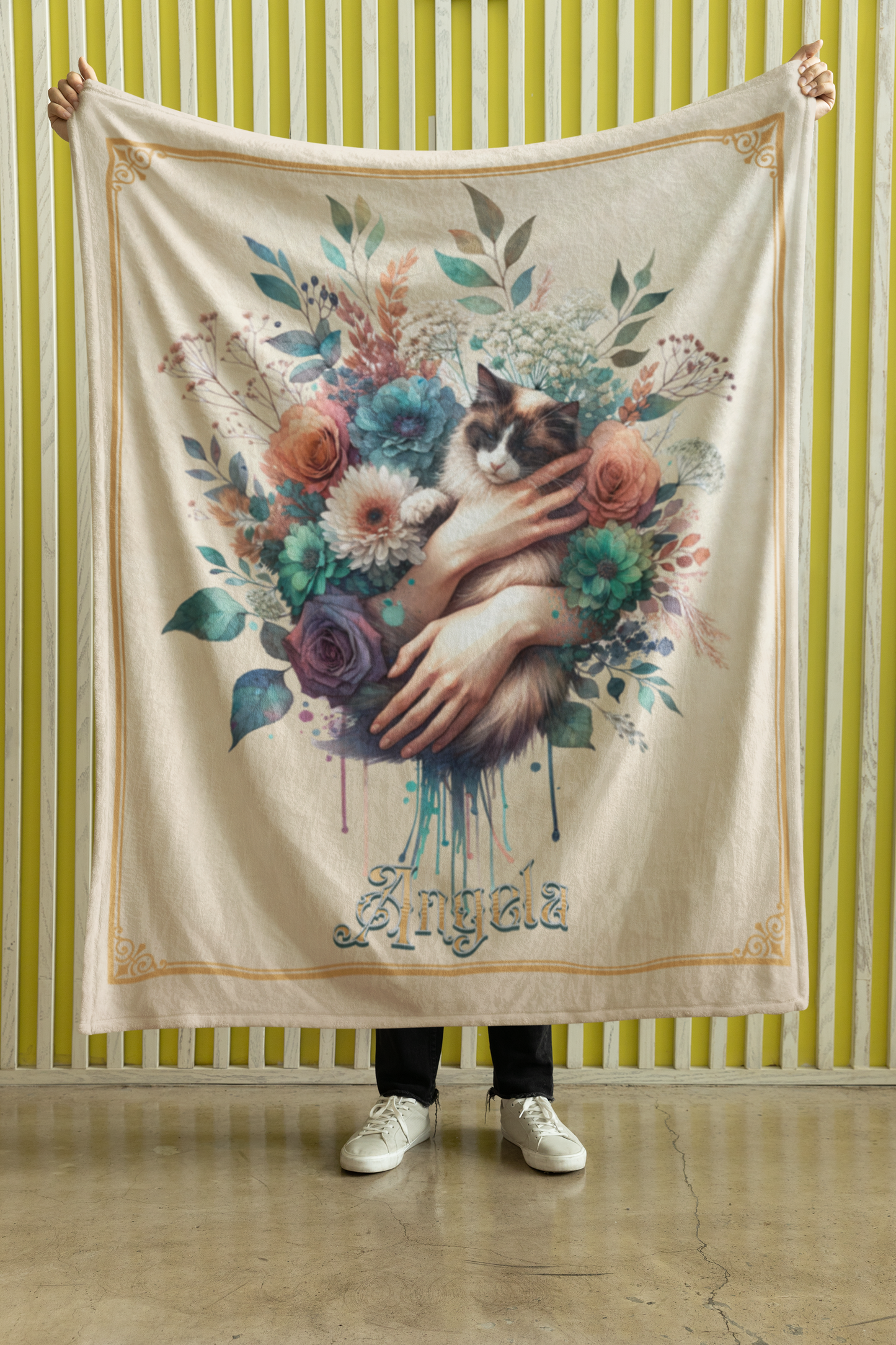 Personalized Ragdoll Cat Held in Loving Hands with Mixed Blooms Throw Blanket — Custom Name Gift
