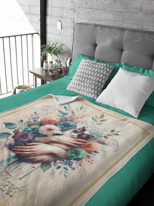 Personalized Ragdoll Cat Held in Loving Hands with Mixed Blooms Throw Blanket — Custom Name Gift