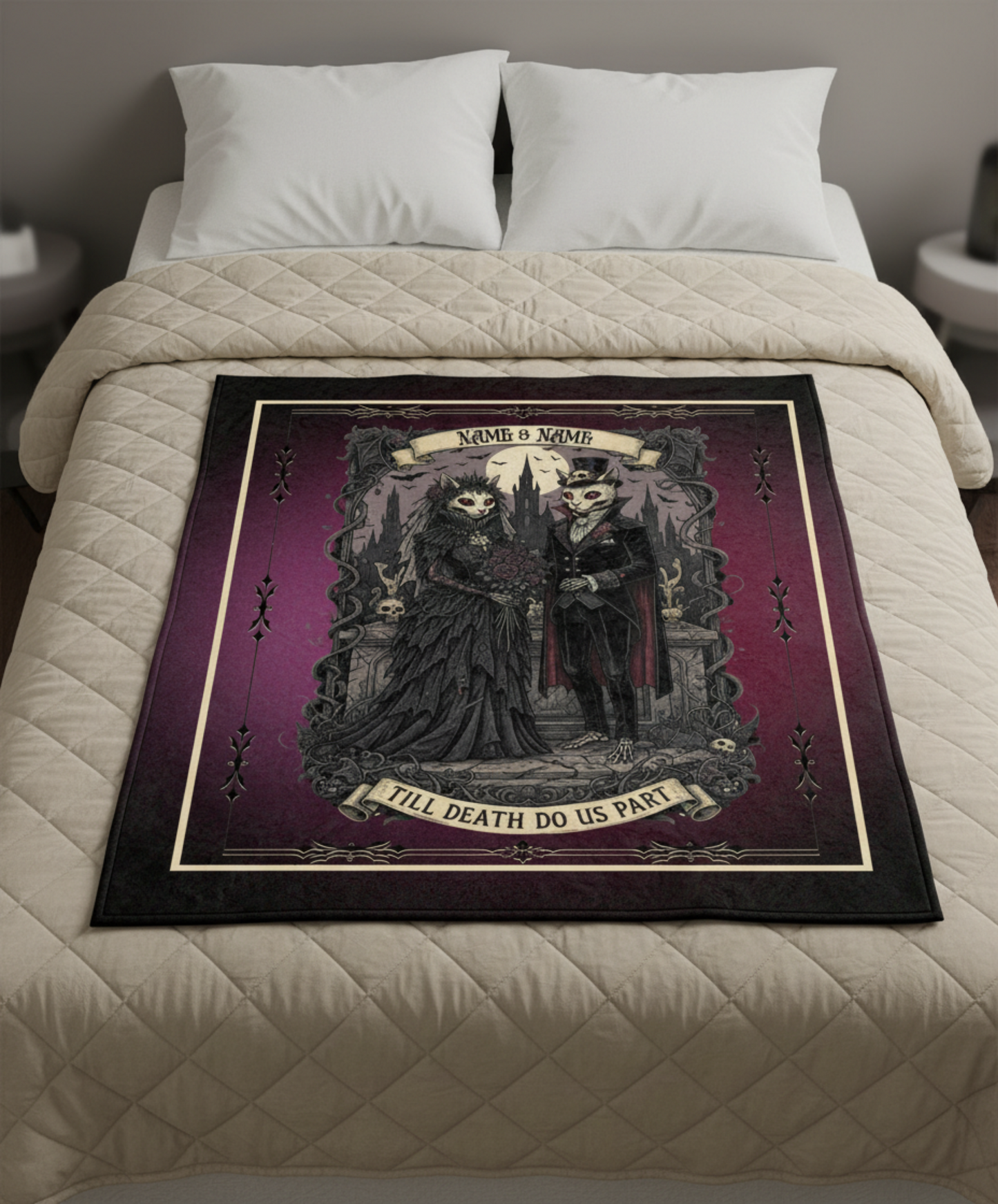Personalized Gothic Cat Wedding Till Death Do Us Part Throw Blanket — Custom Name Gift