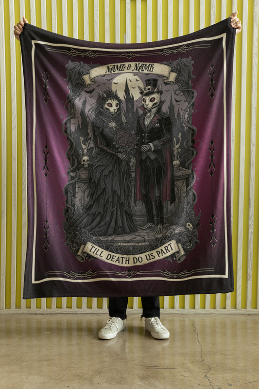 Personalized Gothic Cat Wedding Till Death Do Us Part Throw Blanket — Custom Name Gift