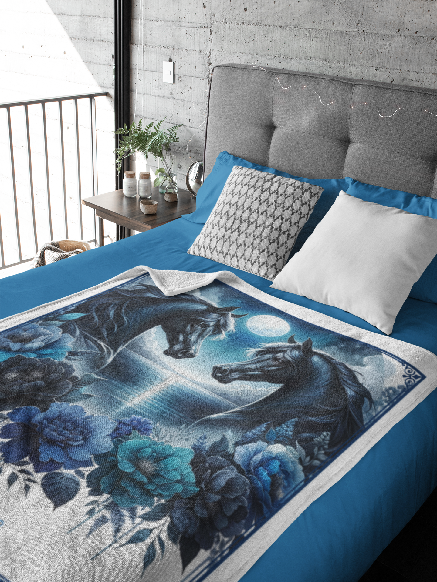 Personalized Two Black Arabian Horses Full Moon Couples Throw Blanket - 50"x60" Custom Name Blanket