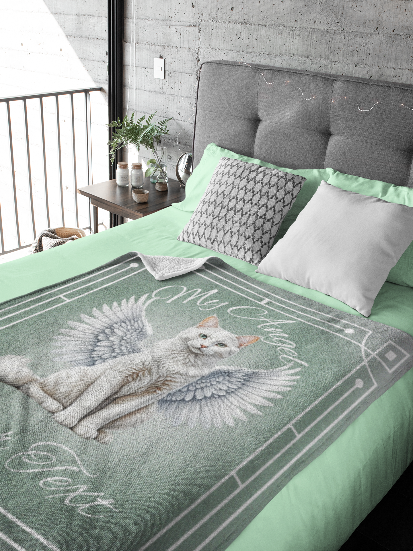 Personalized My Angel White Cat with Wings Throw Blanket — Custom Name Gift