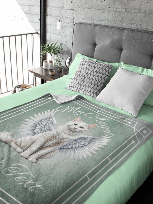 Personalized My Angel White Cat with Wings Throw Blanket — Custom Name Gift