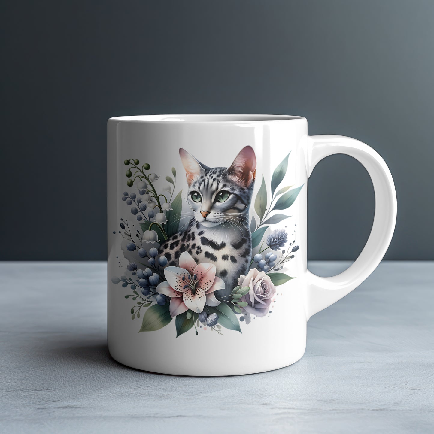 Personalized Silver Bengal Cat with Stargazer Lily and Mauve Rose Mug — Custom Name Gift
