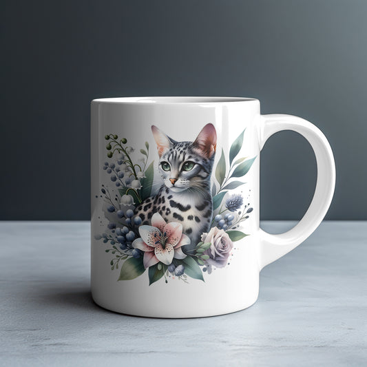 Personalized Silver Bengal Cat with Stargazer Lily and Mauve Rose Mug — Custom Name Gift