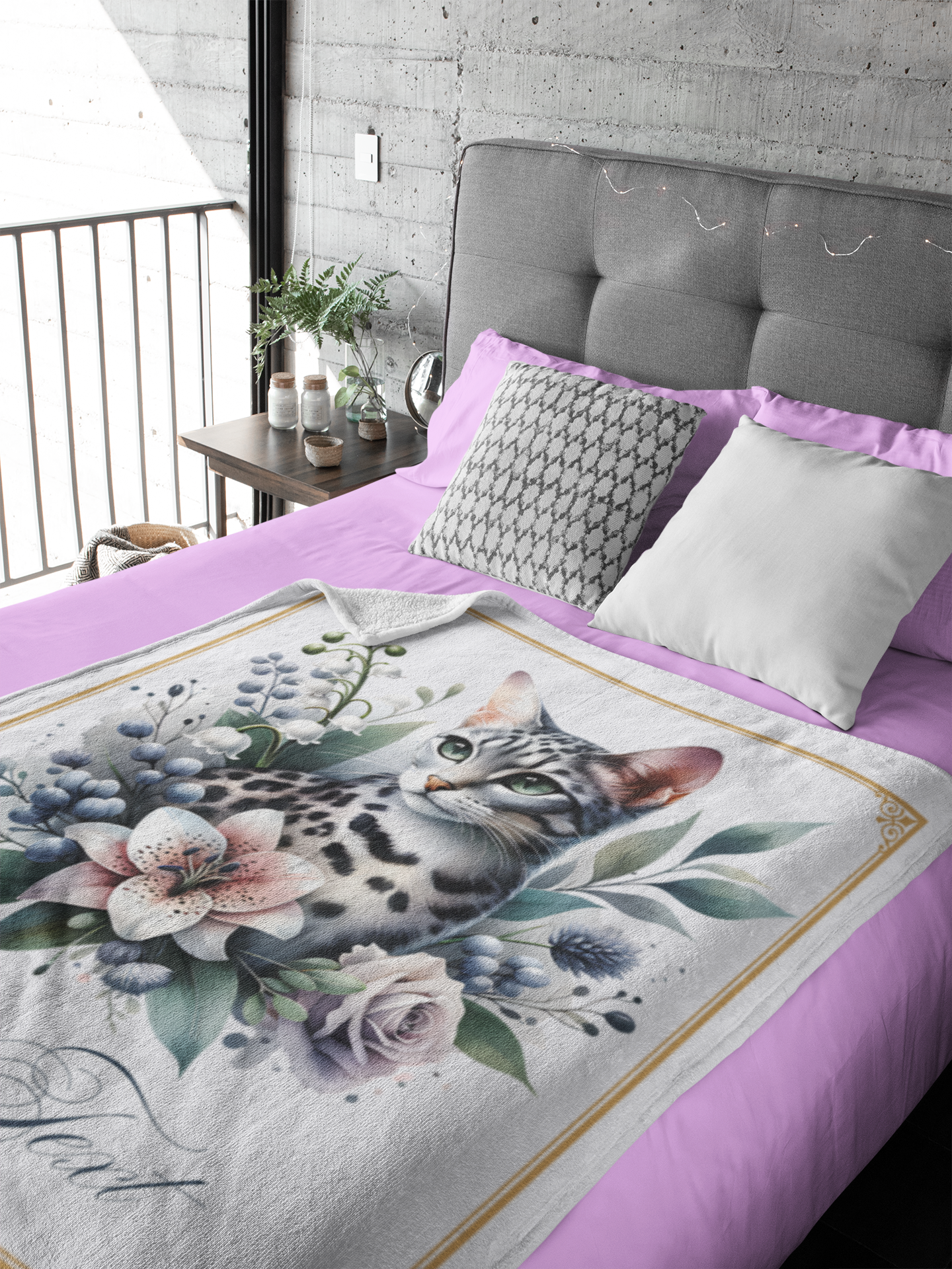 Personalized Grey Ocicat with Stargazer Lily and Lavender Rose Throw Blanket — Custom Name Gift