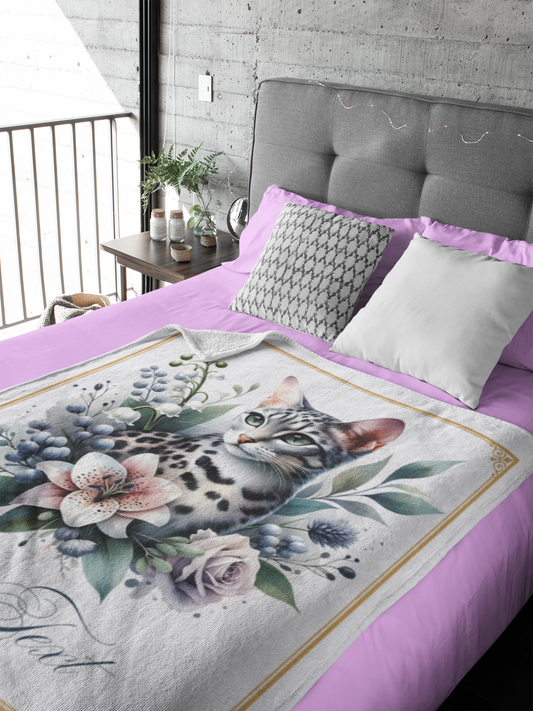 Personalized Grey Ocicat with Stargazer Lily and Lavender Rose Throw Blanket — Custom Name Gift