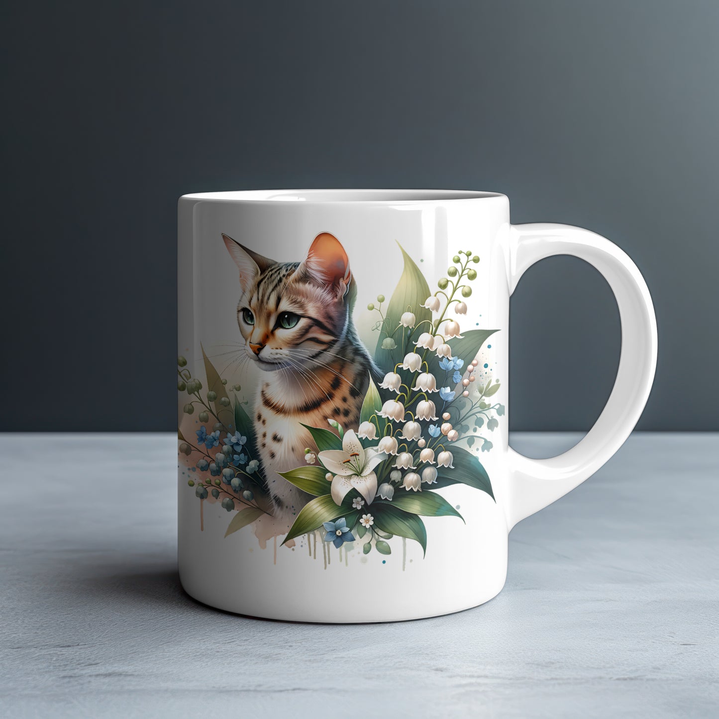 Personalized Bengal Cat with Lily of the Valley and White Lilies Mug — Custom Name Gift