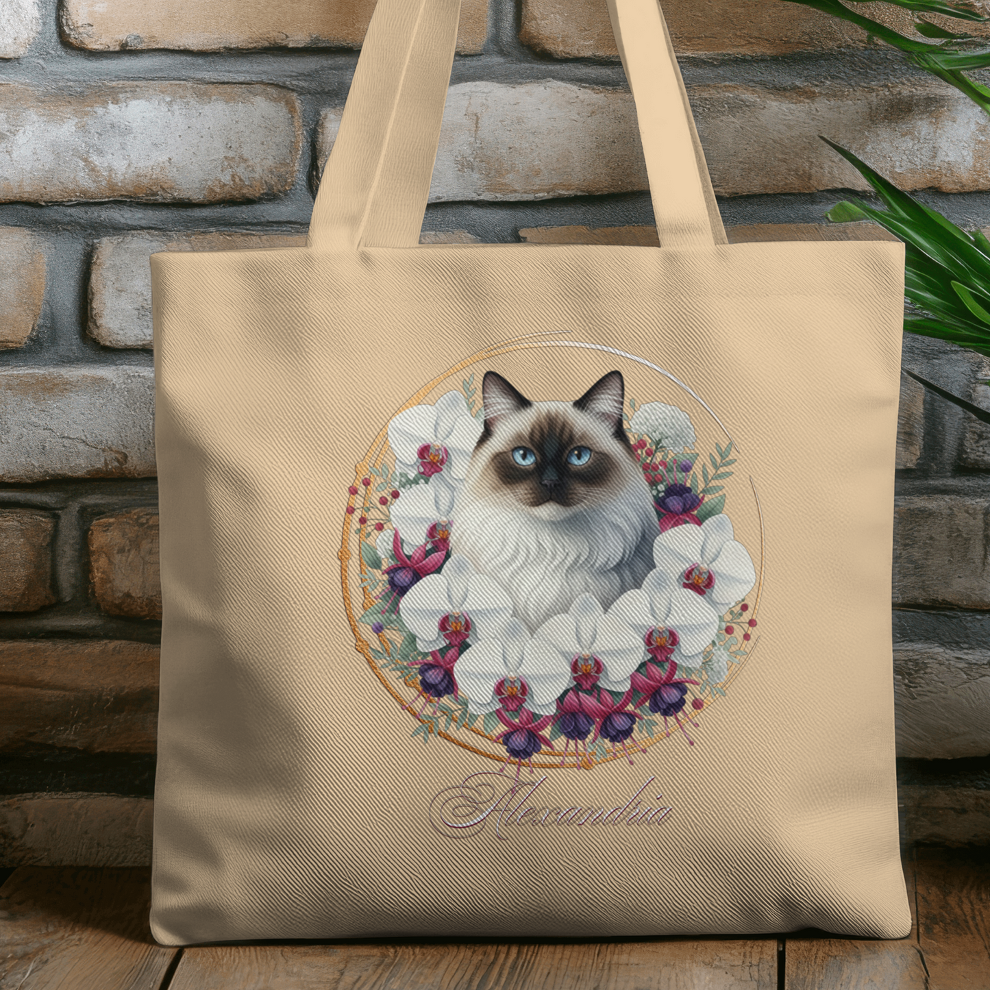 Personalized Fluffy Siamese with Orchids and Fuchsia Eco Tote Bag