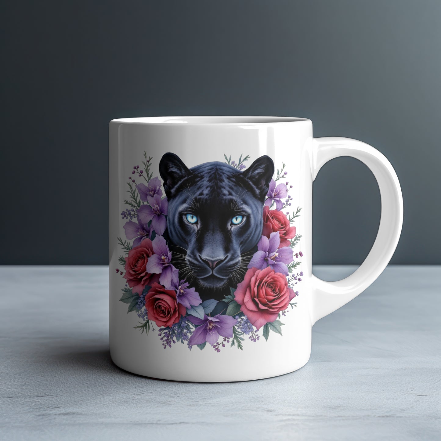 Personalized Blue-Eyed Black Panther with Purple Clematis and Roses Mug — Custom Name Gift