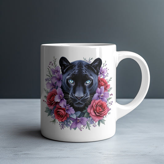 Personalized Blue-Eyed Black Panther with Purple Clematis and Roses Mug — Custom Name Gift