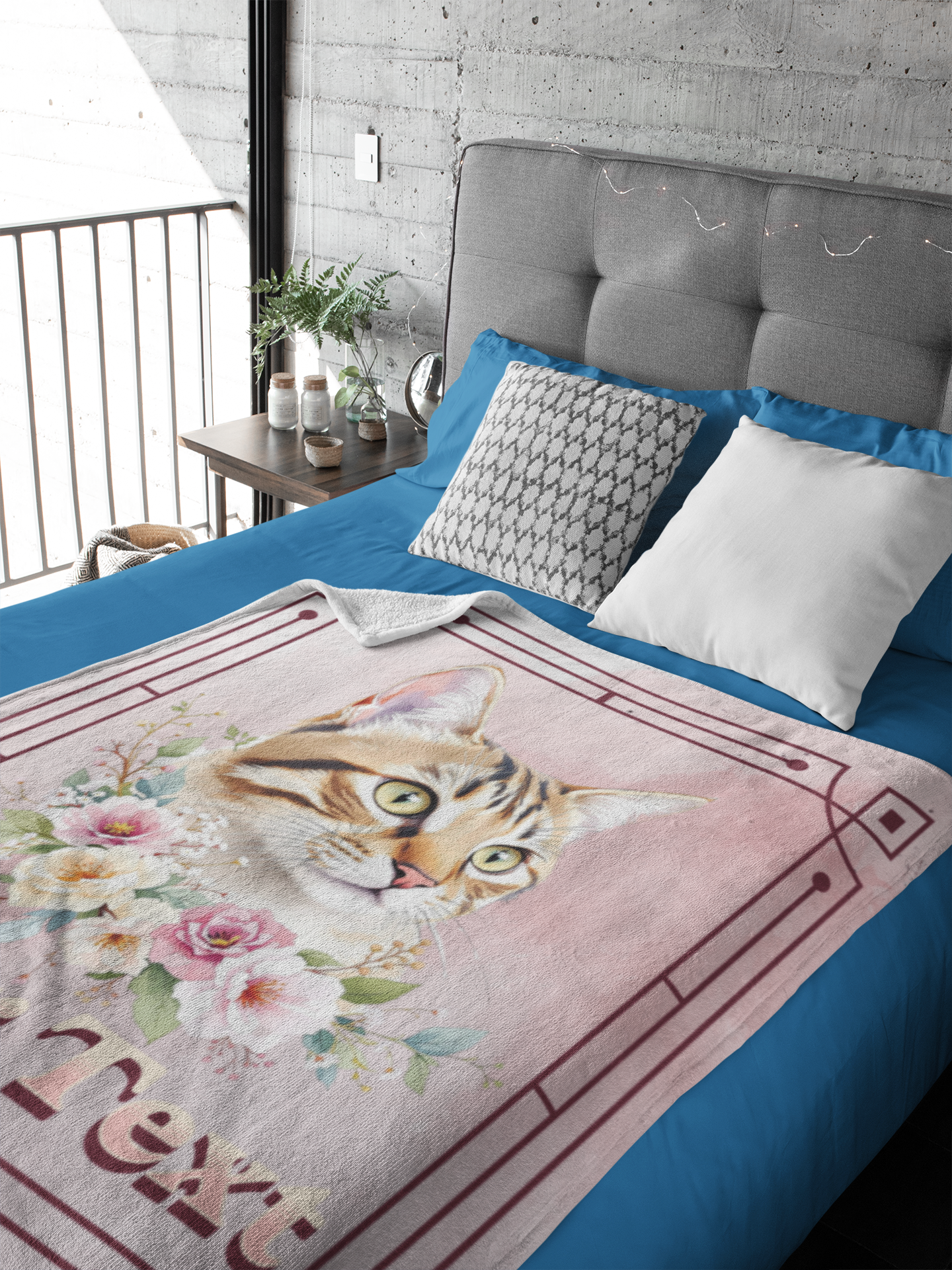 Personalized Tabby Cat with Pink and Peach Wild Roses Throw Blanket — Custom Name Gift