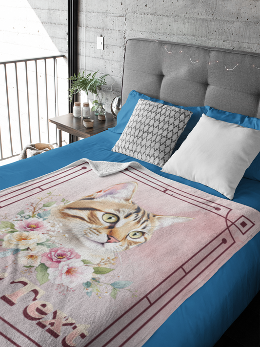 Personalized Tabby Cat with Pink and Peach Wild Roses Throw Blanket — Custom Name Gift