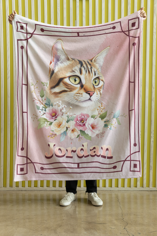 Personalized Tabby Cat with Pink and Peach Wild Roses Throw Blanket — Custom Name Gift