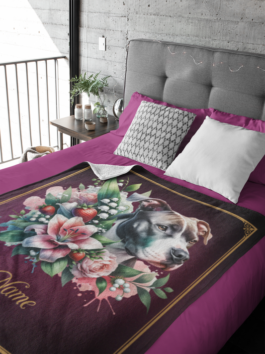 Personalized Pit Bull with Pink Lily and Strawberries Throw Blanket — Custom Name Gift