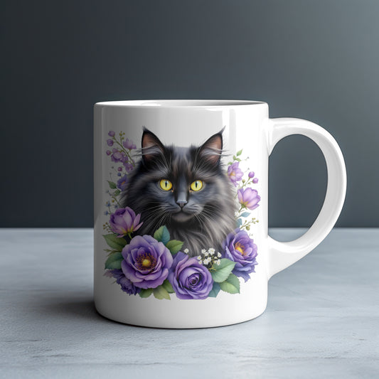 Personalized Fluffy Black Cat with Purple Roses and Clematis Mug — Custom Name Gift